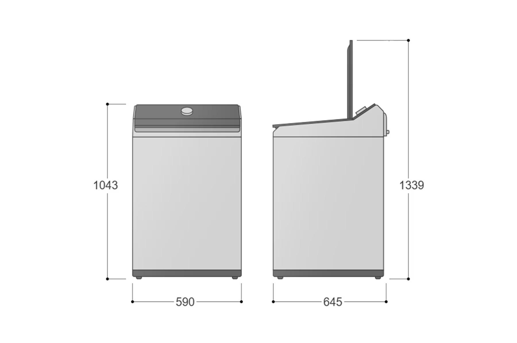 Máy giặt cửa trên màu xám rộng 590 mm sâu 645 mm cao 1043 mm và cao 1339 mm khi mở nắp
